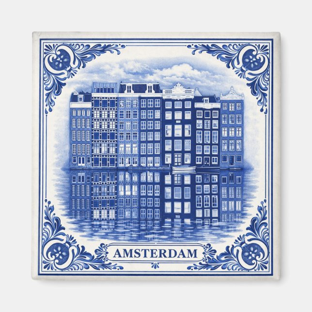 Amsterdam kanthus Delft Blue stil magnet (Framsidan)