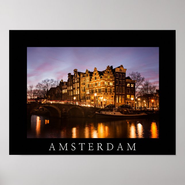 Amsterdam kanthus vid skymning svart affisch (Framsidan)