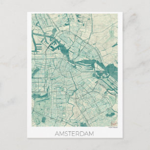 Amsterdam Karta Blue Vintage Watercolor Vykort