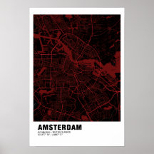 Amsterdam Karta Poster - Amsterdam Black & Red Kar