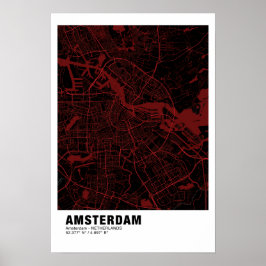 Amsterdam Karta Poster - Amsterdam Black & Red Kar