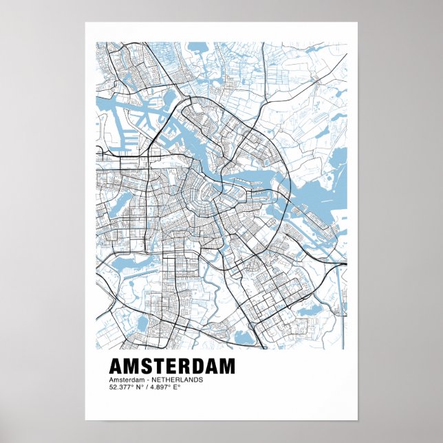 Amsterdam Karta Poster - Amsterdam Vita Karta (Framsidan)
