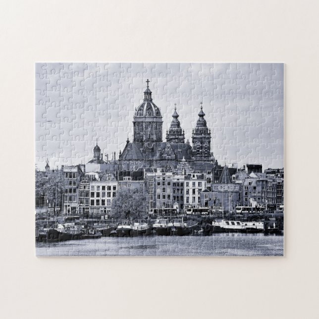 Amsterdam, katedral och båtar - Nederländerna (pus Pussel (Horisontell)