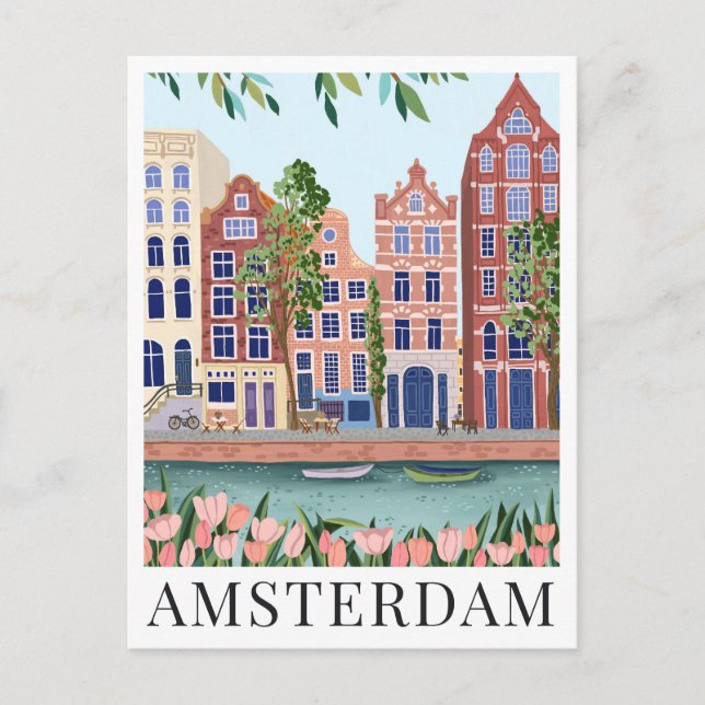 Amsterdam Lakeside Town View Travel Illustration Vykort (Framsida)