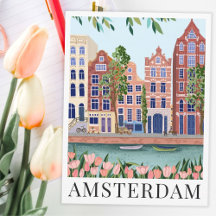 Amsterdam Lakeside Town View Travel Illustration