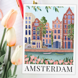 Amsterdam Lakeside Town View Travel Illustration Vykort