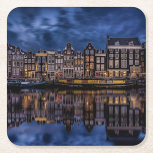 Amsterdam med Canals i Dusk Underlägg Papper Kvadrat