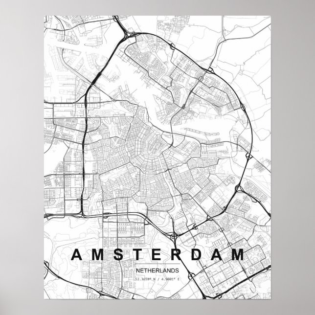 Amsterdam Minimalistisk Karta (Svart & Vitt) Poster (Framsidan)