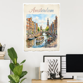 Amsterdam Nederländerna akvarell Poster