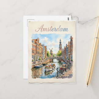 Amsterdam Nederländerna akvarell Vykort