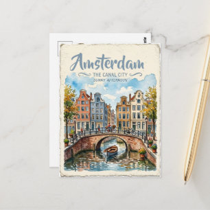 Amsterdam Nederländerna akvarell Vykort