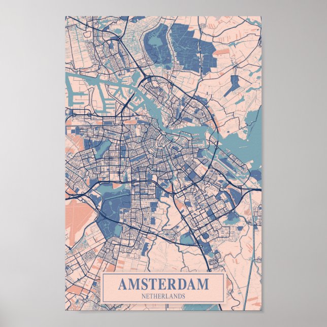 Amsterdam Nederländerna Blåsiga Stadskarta Resa Poster (Framsidan)