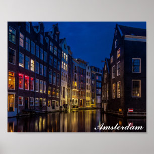 Amsterdam Nederländerna Canal Homes Night Ljus Poster