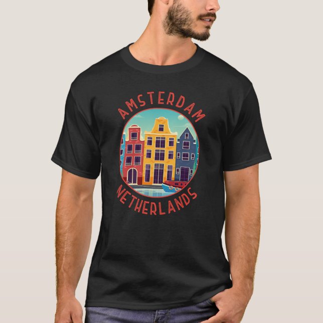 Amsterdam Nederländerna Colorful Houses Distress T Shirt (Framsida)