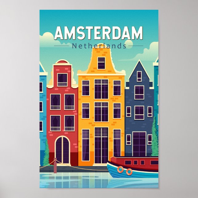 Amsterdam Nederländerna Colorful Houses Travel Ret Poster (Framsidan)