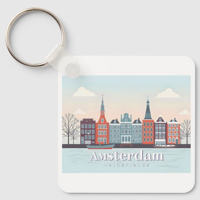 Amsterdam Nederländerna Damrak Pastel Travel Nyckelring (Framsida)