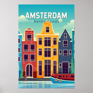 Amsterdam Nederländerna Färgrika Hus Resa Retro Poster