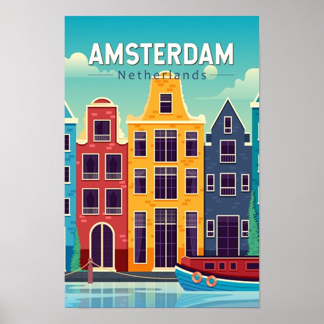 Amsterdam Nederländerna Färgrika Hus Resa Retro Poster (Framsidan)