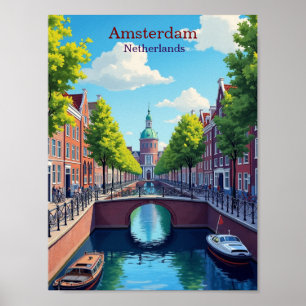 Amsterdam Nederländerna Gouache Illustration Resa Poster