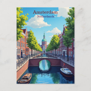 Amsterdam Nederländerna Gouache Illustration Resa Vykort