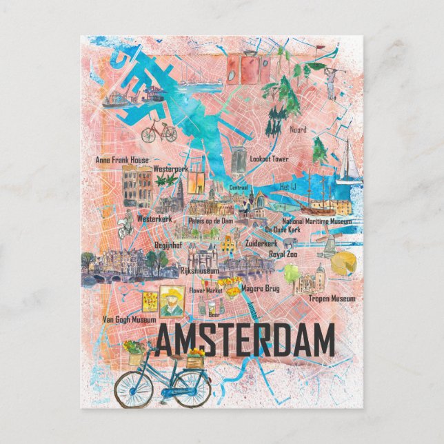 Amsterdam Nederländerna Illustrated Karta med väga Vykort (Framsida)