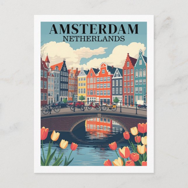 Amsterdam Nederländerna Illustration Travel Bicycl Vykort (Framsida)