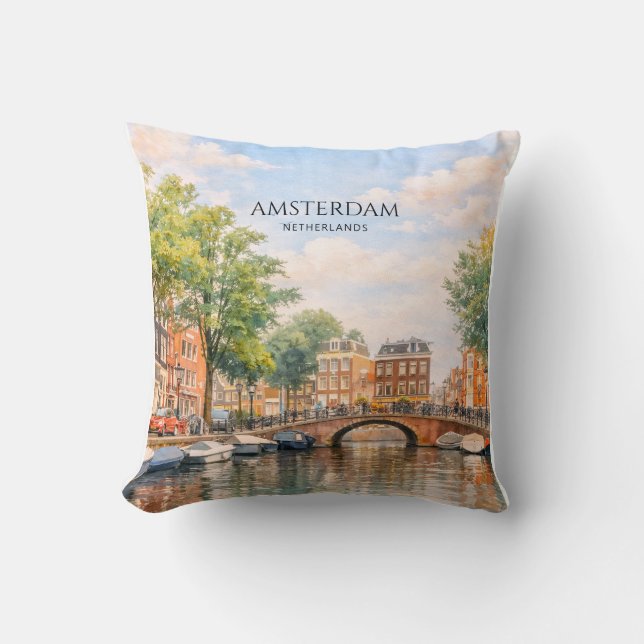 Amsterdam Nederländerna Kanal Färgrik Stad | Resa Kudde (Framsida)