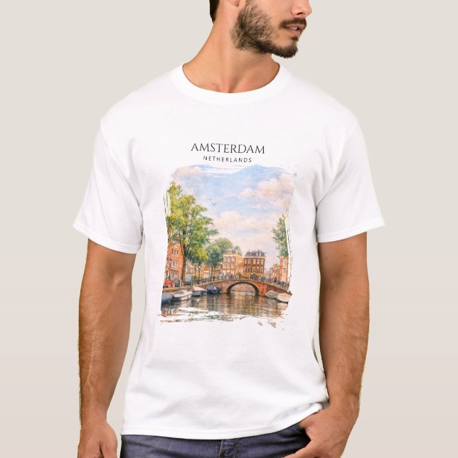 Amsterdam Nederländerna Kanal Färgrik Stad | Resa T Shirt (Framsida)