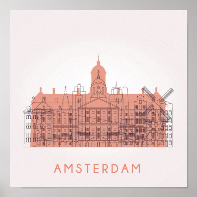 Amsterdam, Nederländerna | Landmärkenas Skyline Poster (Framsidan)