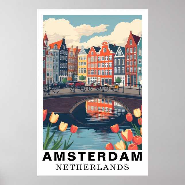 Amsterdam Nederländerna Resa Cyklar Tulpan Poster (Framsidan)