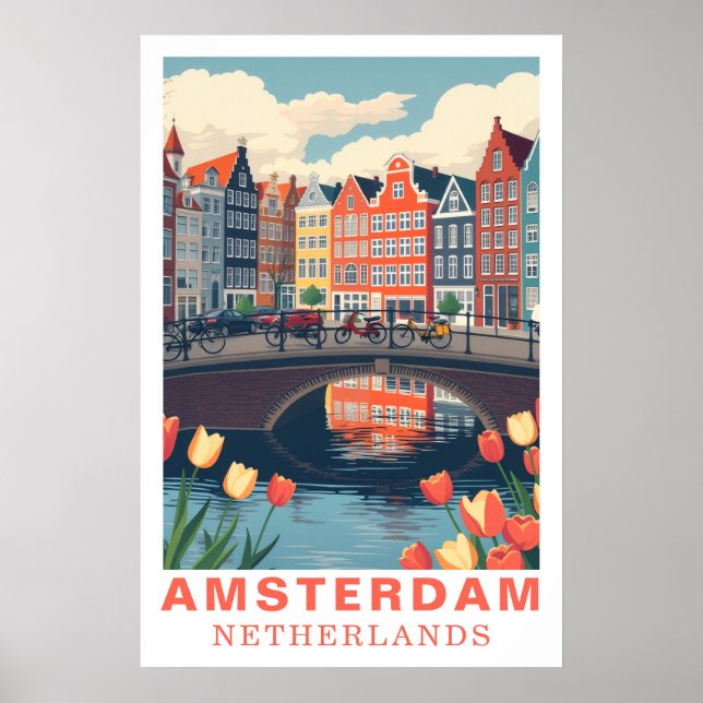 Amsterdam Nederländerna Resa Cyklar Tulpan Poster (Framsidan)