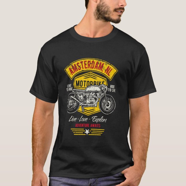 Amsterdam Nederländerna Retro Motorcykel Design T Shirt (Framsida)