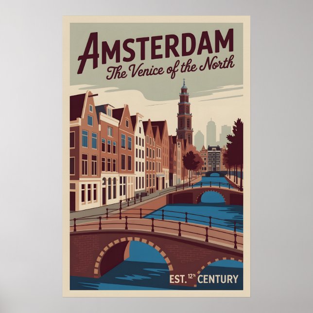 Amsterdam Nederländerna Retro Siluett Resa Poster (Framsidan)