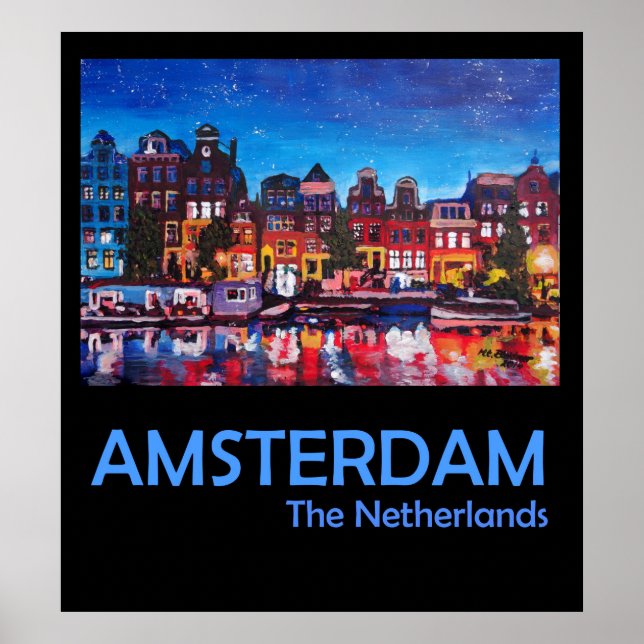 Amsterdam Nederländerna Retro Travel Poster (Framsidan)