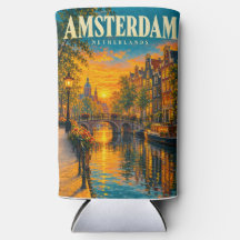 Amsterdam Nederländerna Solnedgång Kanal Vintage R