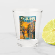 Amsterdam Nederländerna Solnedgång Kanal Vintage R
