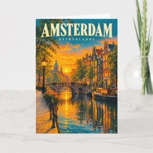 Amsterdam Nederländerna Solnedgång Kanal Vintage R Kort