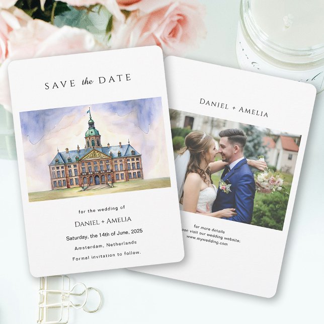Amsterdam Nederländerna Vattenfärgsdestination Spara Datumet (Amsterdam Netherlands Watercolor Destination Save The Date)