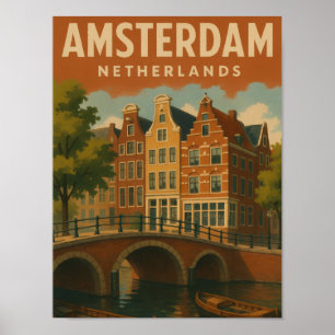 Amsterdam Nederländerna Vintage Kanalvy Poster