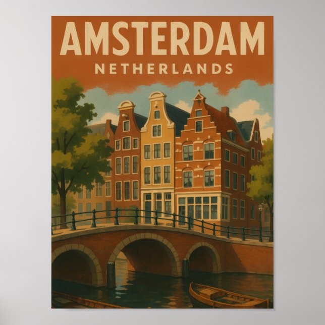 Amsterdam Nederländerna Vintage Kanalvy Poster (Framsidan)