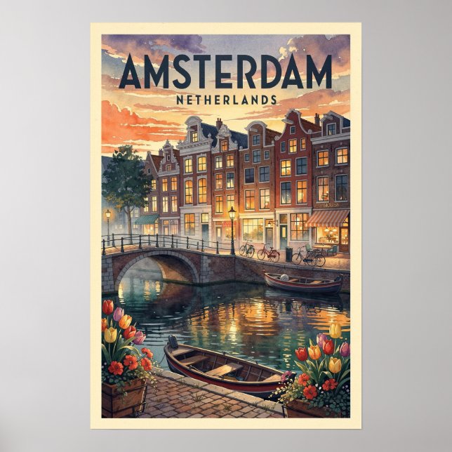 Amsterdam Nederländerna Vintage Resa Poster (Framsidan)