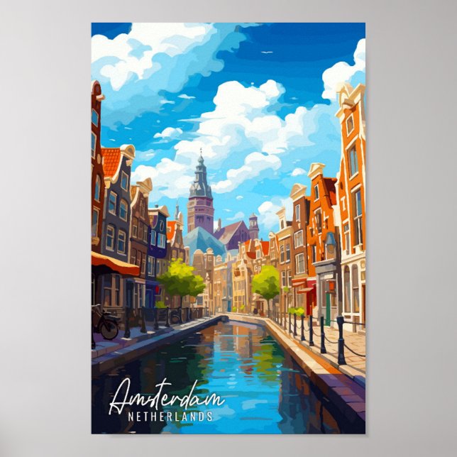Amsterdam Nederländerna vintage resor illustration Poster (Framsidan)