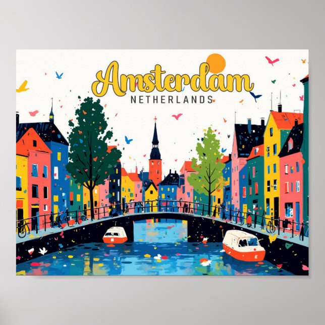 Amsterdam Nederländerna Vintage resor Illustration Poster (Framsidan)