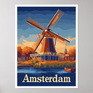 Amsterdam Nederländerna Vintage resor Illustration Poster