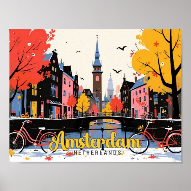 Amsterdam Nederländerna Vintage resor Illustration Poster (Framsidan)