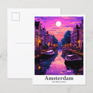 Amsterdam Nederländerna Vintage resor Illustration Vykort