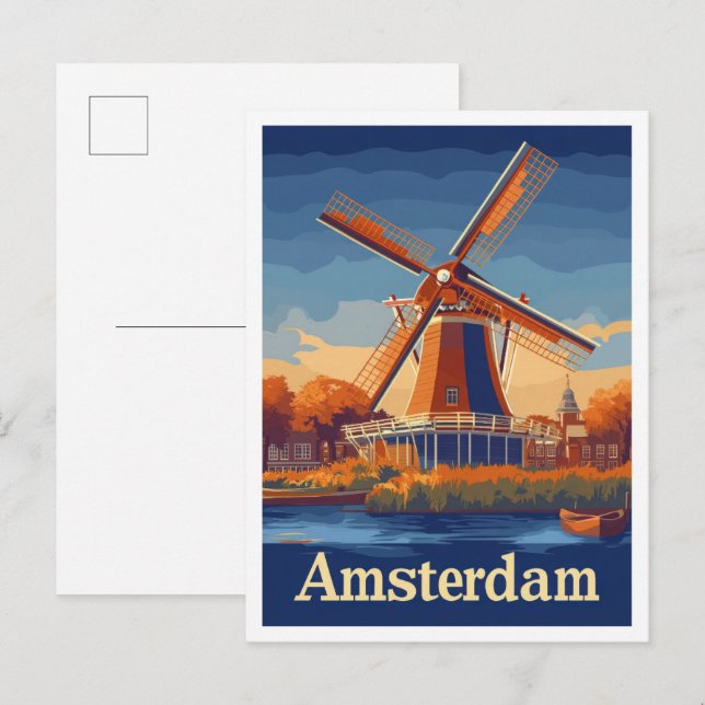 Amsterdam Nederländerna Vintage resor Illustration Vykort (Fram/baksida)