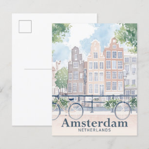 Amsterdam Nederländerna Watercolor Painting Travel Vykort