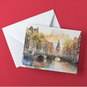 Amsterdam Nederländerna Watercolor Panorama View Vykort