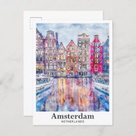 Amsterdam Nederländerna Watercolor Sketch Hand plo Vykort